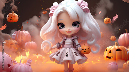 Illustration of a long-haired doll surrounded by carved Halloween pumpkins and gray mist