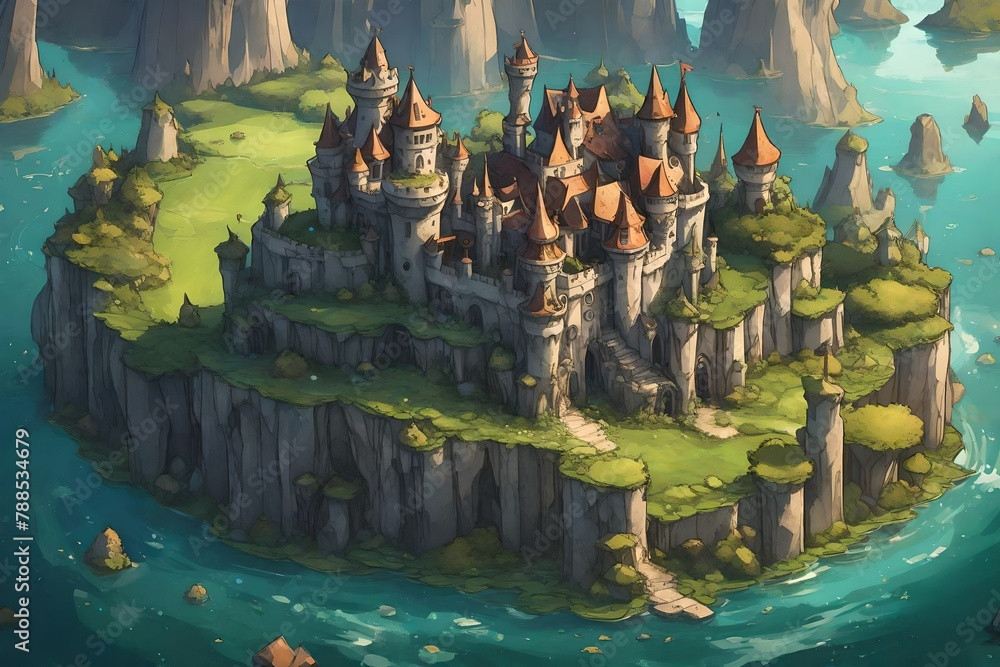 a surreal castle in a field of floating islands, where each island holds a unique enchantment.