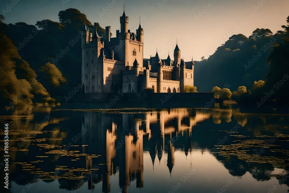 the serenity of a lakeside castle, with reflections shimmering in the water at dawn. the serenity of a lakeside castle, with reflections shimmering in the water at dawn.