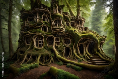 an organic castle, grown from the living roots of an enchanted tree, harmonizing with the surrounding forest. photo