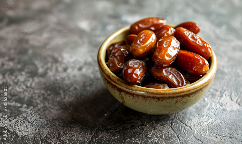 Obraz premium Dried date fruit in bowl on the old wooden table.