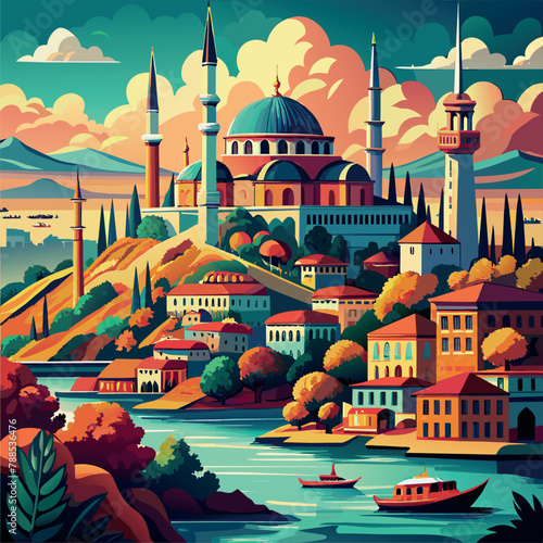 Istanbul A painting of a city with a large blue dome on top of a building