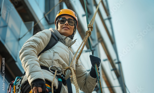 Female climber hangs in the ropes and is abseiling after her ascent.
