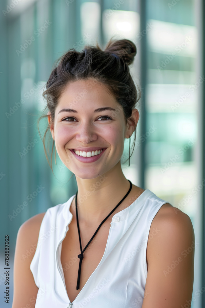 Woman with a black necklace is smiling. She is wearing a white shirt and has her hair in a bun Woman with a black necklace is smiling. She is wearing a white shirt and has her hair in a bun