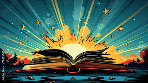 Image of an open book in the rays of the sun against the sky, illustration in pop art style. Book of knowledge, learning, comics, Bible, fairy tales and stories. Training and Education © Nataly G