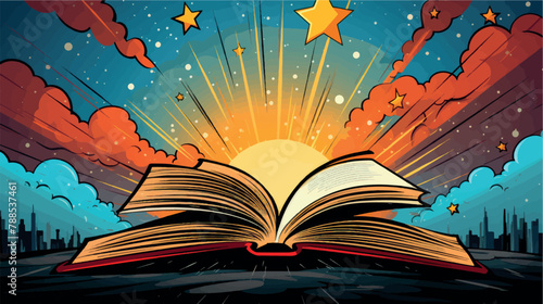 Image of an open book in the rays of the sun against the sky, illustration in pop art style. Book of knowledge, learning, comics, Bible, fairy tales and stories. Training and Education © Nataly G