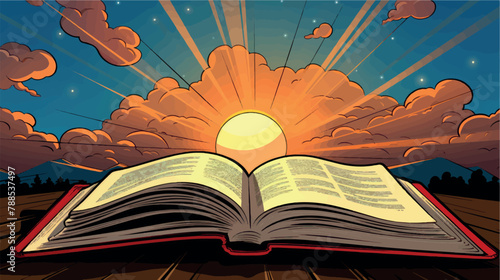 Image of an open book in the rays of the sun against the sky, illustration in pop art style. Book of knowledge, learning, comics, Bible, fairy tales and stories. Training and Education