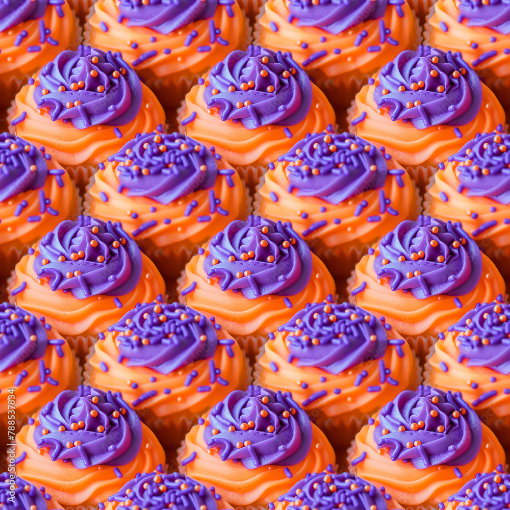 halloween themed purple sprinkles on an orange icing background, repeatable seamless background tile
