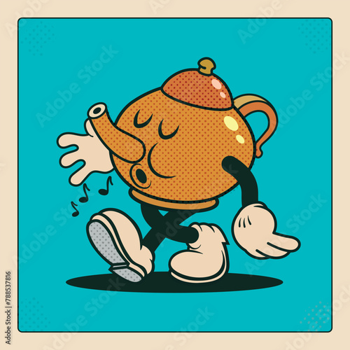 Vintage cartoon mascot of a teapot, walking and whistling, halftone pattern, retro logo character