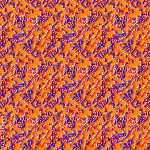 halloween themed purple sprinkles on an orange icing background, repeatable seamless background tile 
