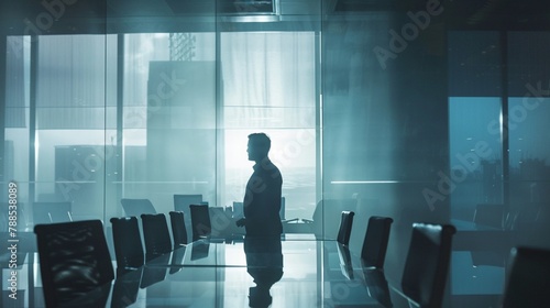 A businessman leading a strategy session with his team, brainstorming ideas and developing plans for growth and innovation in a sleek and modern office boardroom.