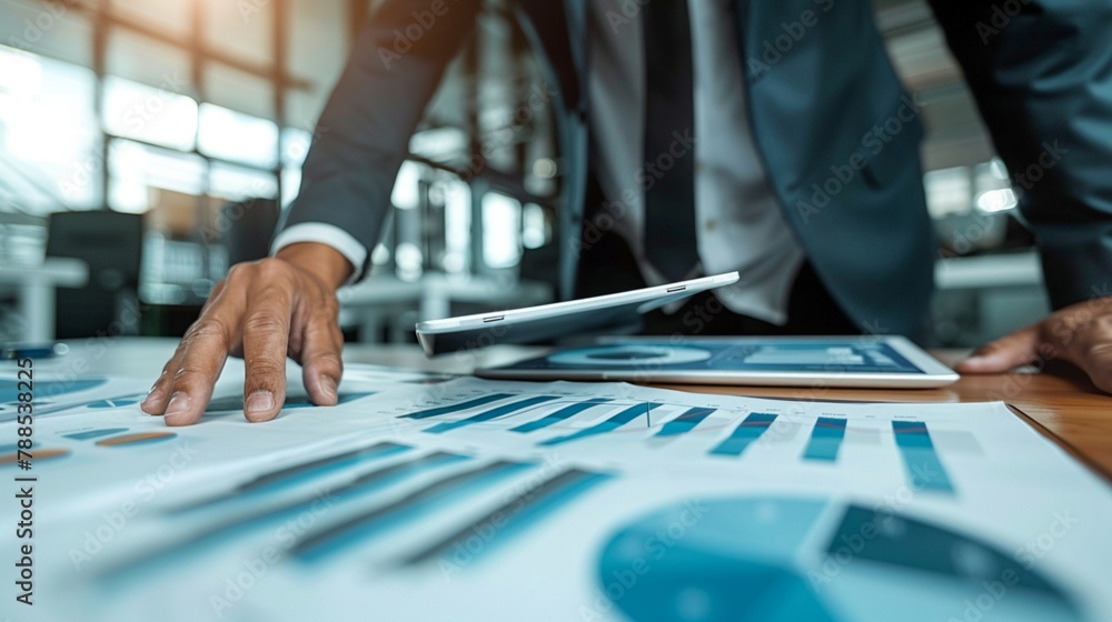 A businessman leading a strategy session with his team, analyzing market trends and brainstorming innovative solutions to drive business growth and success.