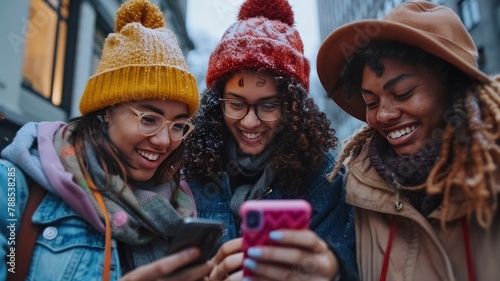 City Street Connection. Millennial Friends Embracing Technology and Friendship
