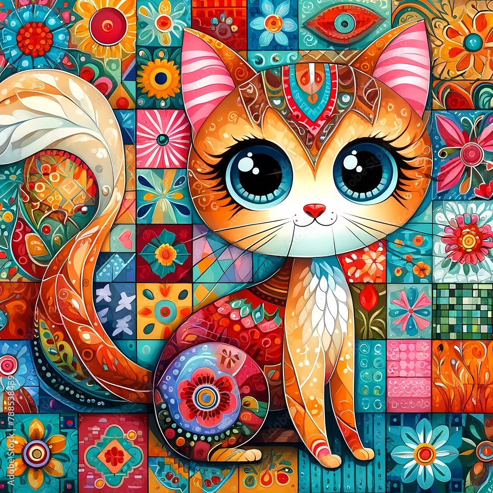 Folk art cats, colorful lines, natural patterns, flowers, intricate patterns, cute graphics
