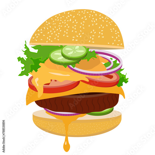 Flying burger vector illustration. Cheeseburger clipart. Hamburger cartoon picture. Fast food colored realistic icon. Flying ingredients isolated.