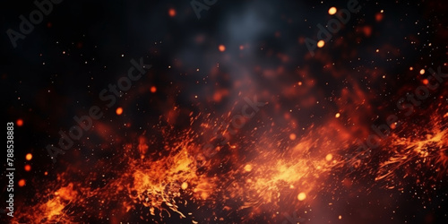 Fire with particles on black background, red fire, fire in the night, Fire flames on black background