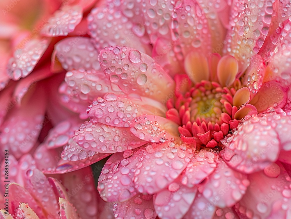 A closeup of water droplets on the petal and petals of pink chrysanthemum flowers A closeup of water droplets on the petal and petals of pink chrysanthemum flowers