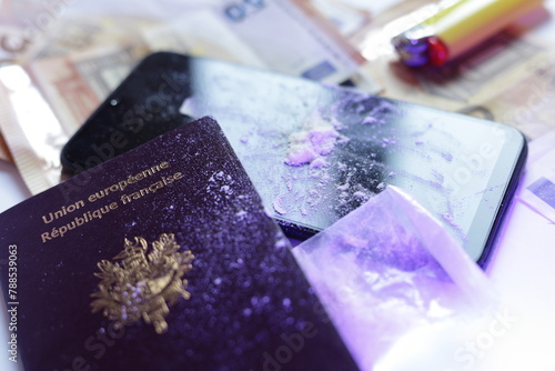 international drug dealer starter pack , cocaïne , banknotes and passport photo