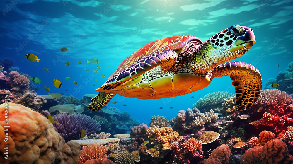 Sea turtle swimming in the ocean among colorful coral reef. Underwater world. Hawaiian Green sea turtle swimming in coral reef. Beautiful Underwater world. Marine life Sea turtle swimming in the ocean among colorful coral reef. Underwater world. Hawaiian Green sea turtle swimming in coral reef. Beautiful Underwater world. Marine life
