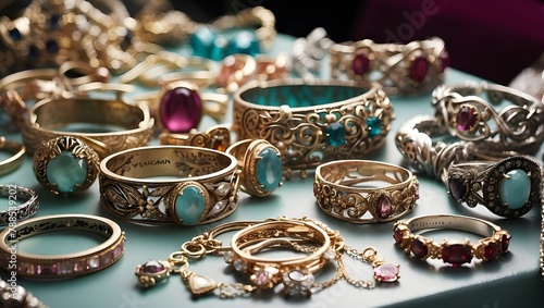 close-up of several jewelry pieces displayed on a table, including bracelets, rings, necklaces, and earrings