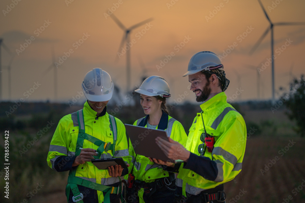 Team Engineers men and woman checking and inspecting on construction with sunset sky. people operation. Wind turbine for electrical of clean energy and environment. Industrial of sustainable. Team Engineers men and woman checking and inspecting on construction with sunset sky. people operation. Wind turbine for electrical of clean energy and environment. Industrial of sustainable.