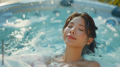 A young Asian woman relaxes and finds peace while getting a spa treatment in a jacuzzi 