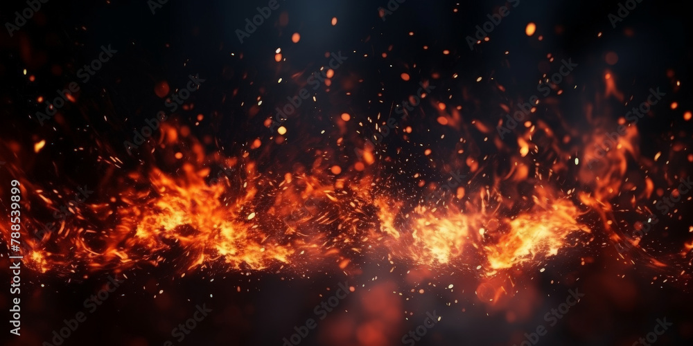Fire with particles on black background, red fire, fire in the night, Fire flames on black background Fire with particles on black background, red fire, fire in the night, Fire flames on black background