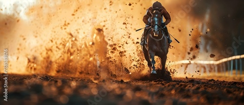 Sunset Blaze: Horse & Rider in High-Speed Race. Concept Equestrian Sports, Horseback Riding, Sunset Photography, Competitive Racing