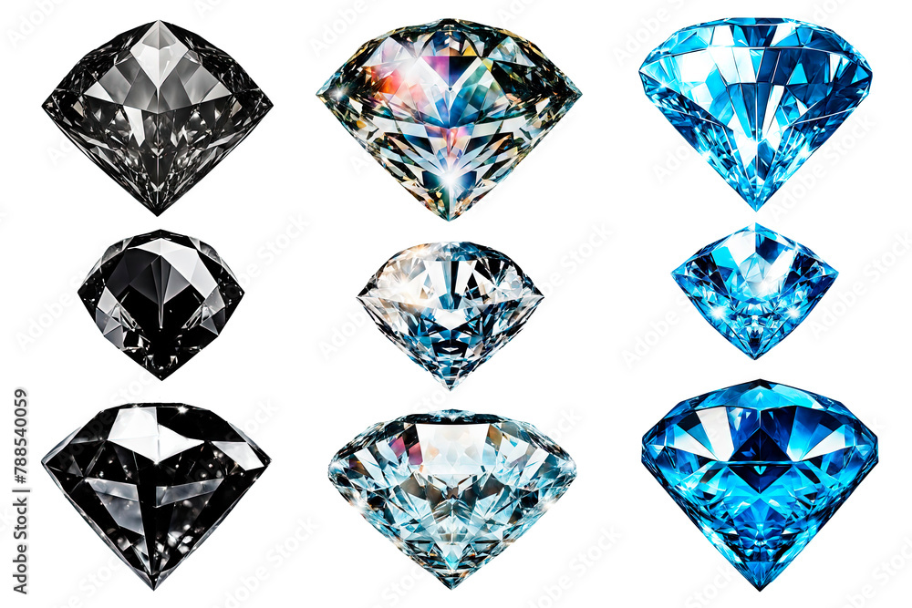 Fototapeta premium Set of nine sparkling white, black and blue diamonds on a white background isolated.