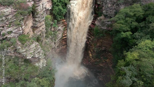 Waterfall Cachoeira Buracao at Chapada Diamantina National Park in Brazil. Aerial view photo