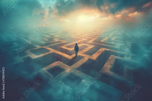 Figure standing at crossroads in a maze and indecision, multiple choices, conceptual art photo