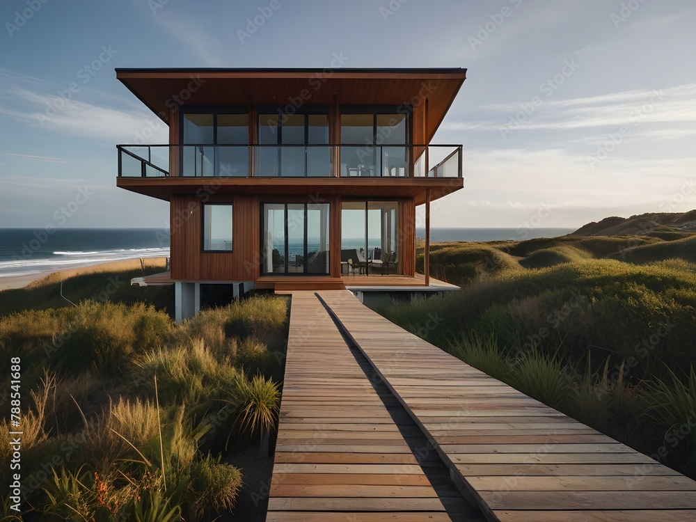 Contemporary beach house on stilts overlooking the ocean, with a wooden deck, generative AI
