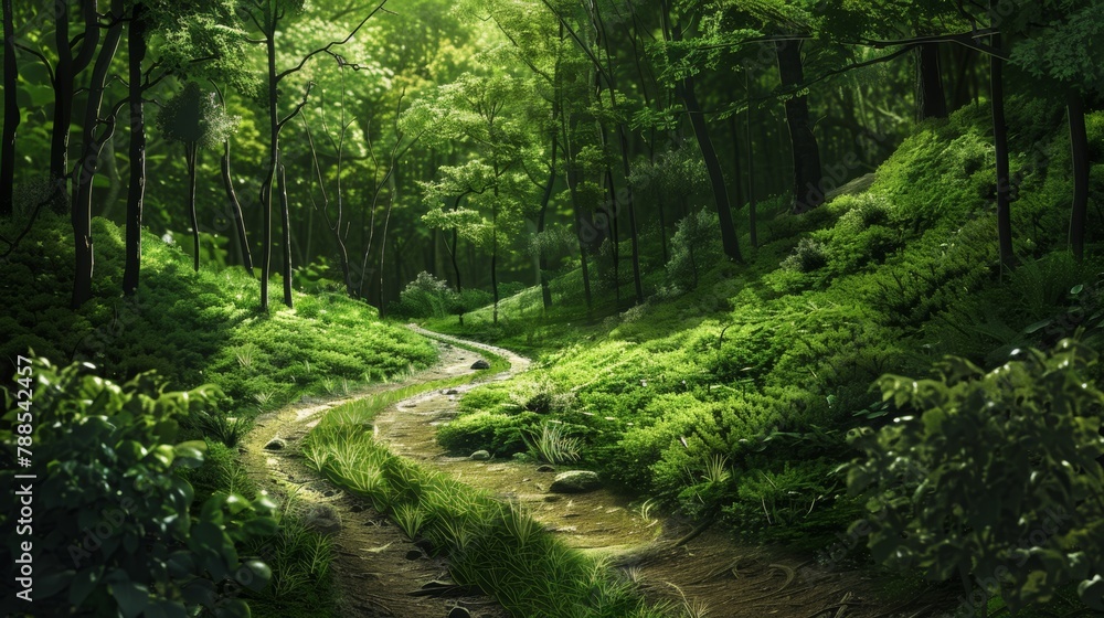 Fototapeta premium A lush green forest teeming with life, with a winding path leading through it.