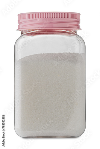 Obraz na plátně White caster sugar in glass jar with pink cap isolated