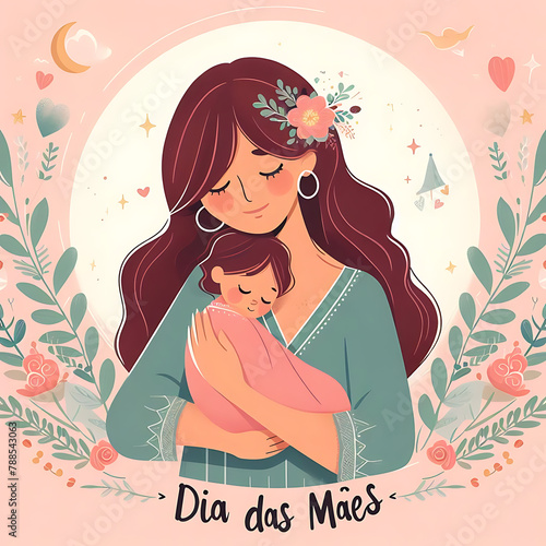 Happy Mother's Day in Portuguese. Dia das maes illustration for greeting card, invitation, banner, poster. Mother and child photo