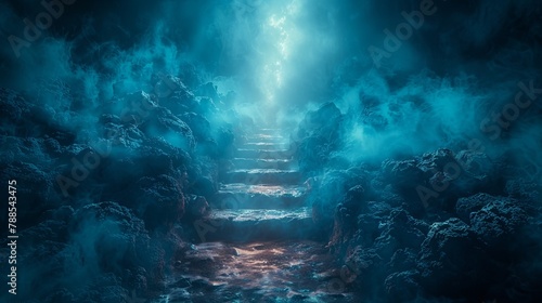 Mysterious fantasy photo background, magical trail leading out through stone dungeon cave walls towards mystical glow. Idyllic tranquil fantastic scene, empty road, way to fairytale, copy space