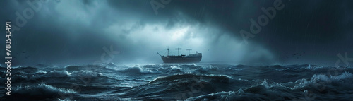 we witness the eerie sight of a ship's shadow stretching across the darkened waters of the ocean, its passengers and sea creatures facing the wrath of an approaching storm.hyper realistic