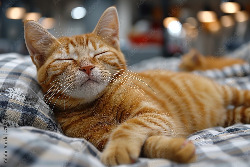 The short-haired cat sleeps and winks. A funny striped kitten with his eyes closed is resting on a mattress. A lazy pet enjoys comfort and peace in a modern apartment. Holidays with pets. Copy space