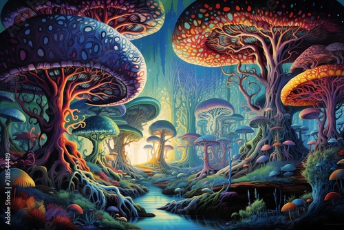 Immerse in a surrealistic twist with a frontal view of a mystical forest, where trees bend to touch the sky, and creatures of imagination roam freely Unexpected camera angles add intrigue Traditional
