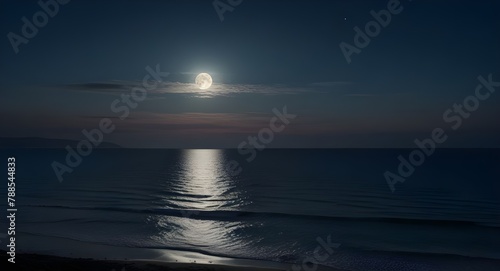 Admirable vista of the ocean. Full moon over a colorful blue sky at night above a coastline © Zaman