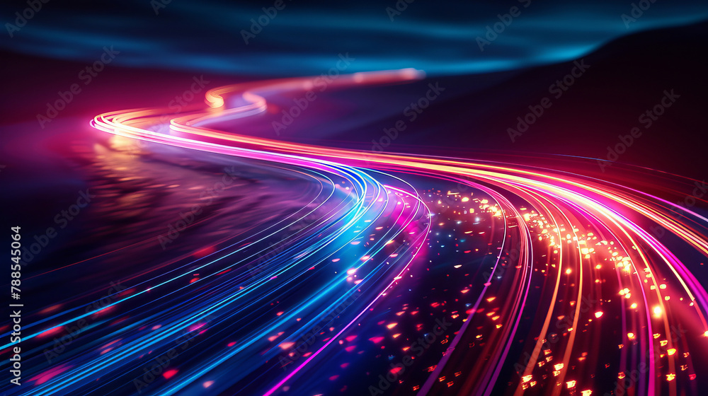 Sound wave, glow motion and neon with background patterns for frequency flow, data transfer and technology. Futuristic design, frequency and colorful dots for cloud computing and connection stream