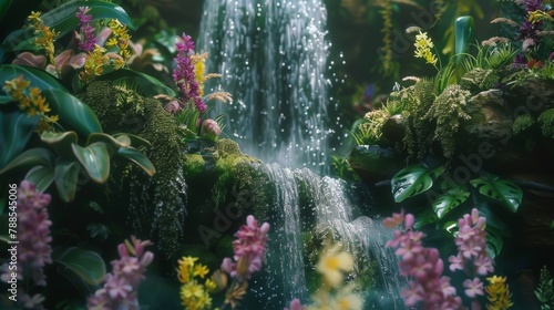A close-up of cascading water plunging over moss-covered rocks, surrounded by dense foliage and vibrant wildflowers, in a secluded jungle paradise.