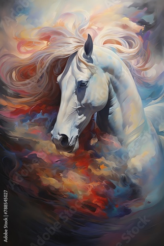 Capture the side view of majestic mythical creatures in a mesmerizing abstract art style, infused with dynamic movements and unexpected camera angles in a traditional oil painting medium
