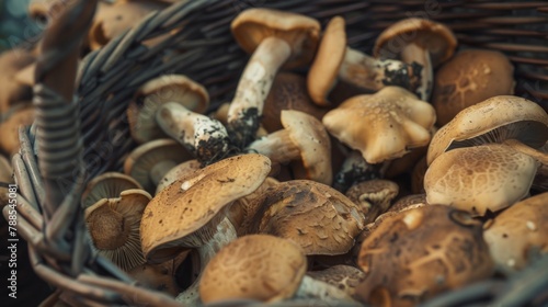 A close-up of freshly harvested wild mushrooms in a rustic woven basket, showcasing their earthy textures and rich, savory aroma.