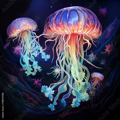 Capture the luminous iridescence of bioluminescent sea creatures in intricate detail using watercolor Illuminate their forms against the deep, dark waters for a surrealistic touch