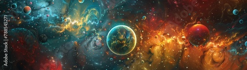 A vibrant space scene with planets, a galaxy, stars, and nebulae. Colorful and abstract art depicting the vastness and beauty of the cosmos, perfect for science fiction and astronomy themes. © PorchzStudio