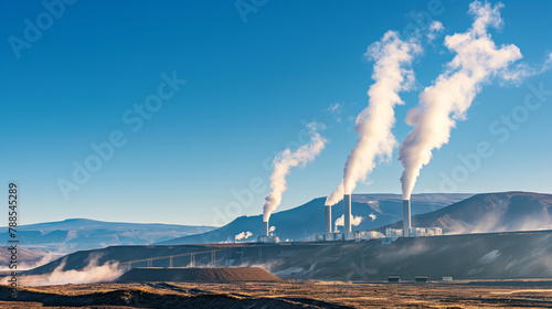 A geothermal power plant located in a volcanic area, showing steam vents and turbines under a clear blue sky. , natural light, soft shadows, with copy space