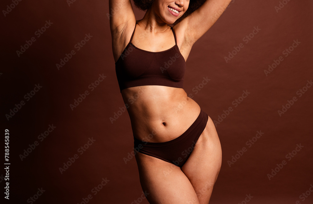 Cropped photo of pretty cute lady underwear lingerie accepting stretching marks skin isolated brown color background - obrazy, fototapety, plakaty 