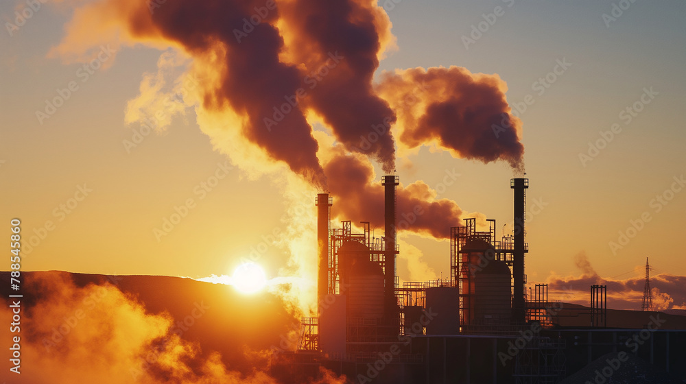 Sunset over a geothermal facility, with steam columns dramatically lit by the warm glow of the setting sun. , natural light, soft shadows, with copy space