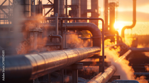 Detailed view of heat extraction machinery at a geothermal plant, with pipes and steam visible in the morning light. , natural light, soft shadows, with copy space